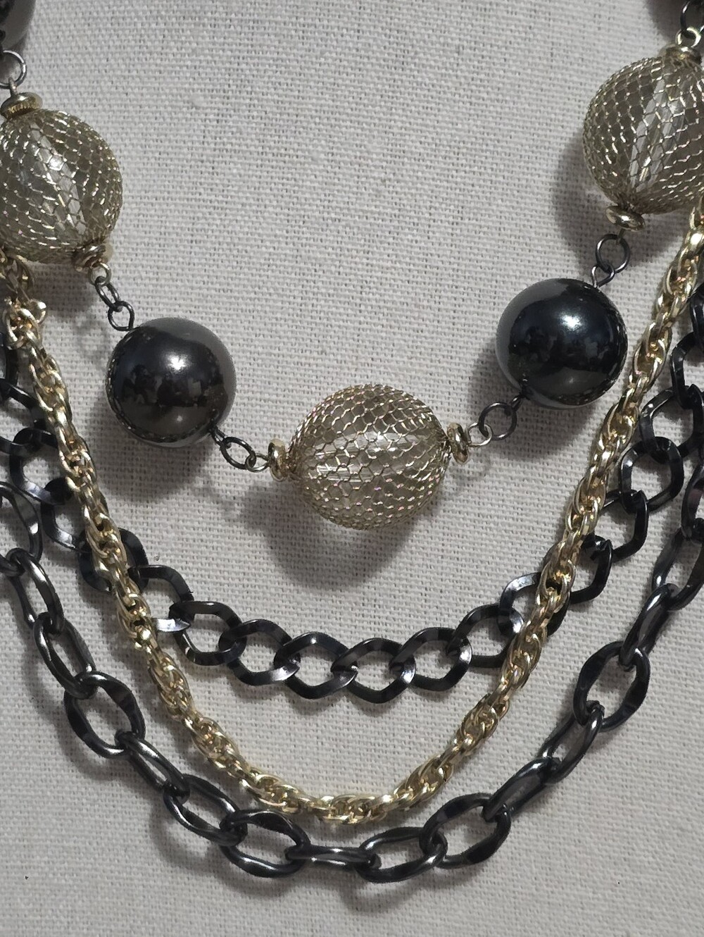 Gunmetal and Gold-Tone Layered Chain Necklace with Mesh Over Lucite Spheres - Picture 3 of 5